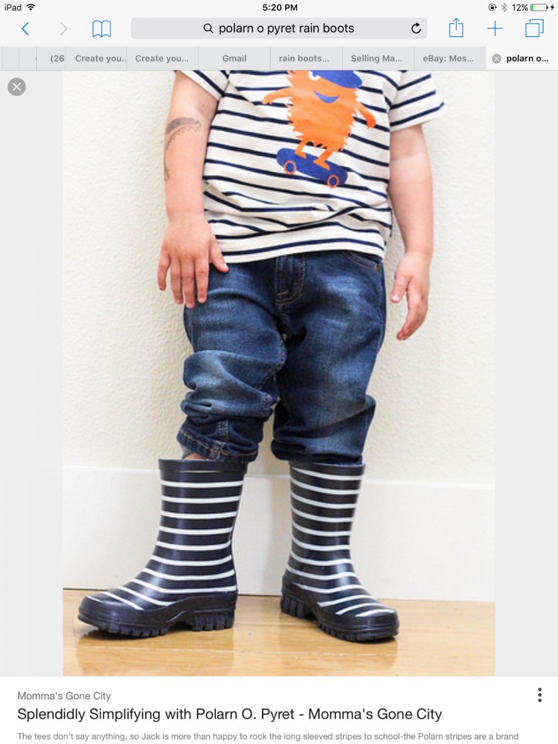 NEW POLARN O. PYRET Classic Blue Stripped Rain Boots - 27