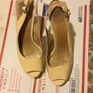 Pour la Victoire Nude Patent Leather Peep-Toe Slingbacks w/ Cork Platform - 10
