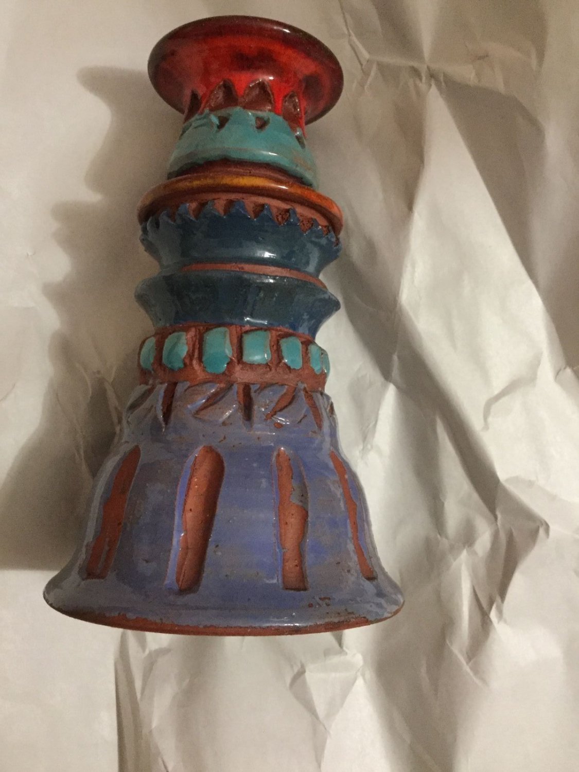 EXCELLENT CONDITION Handthrown Glazed Redware Pottery Candleholder - 6.5" T