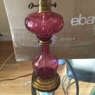 ANTIQUE Cranberry Etched Glass Design Oil Lamp Style Table Lamp - 16"