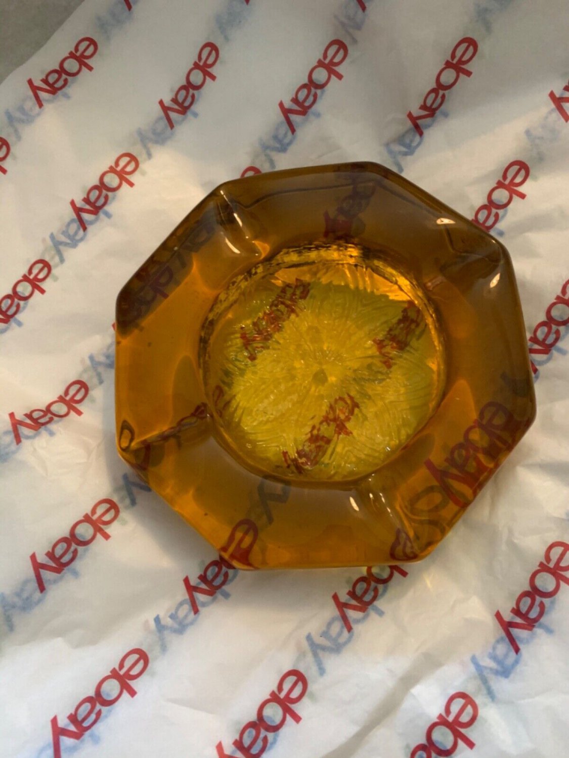 EXC CONDITION Vintage HEAVY Blenko Amber Ashtray w/ Floral Design