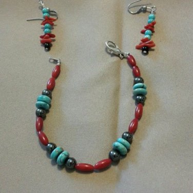 Spring! Southwestern turquoise and coral bead Bracelet & Pierced Earring set