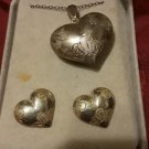 Vintage Sterling Etched and Gold plated puffy heart set Earrings and Necklace