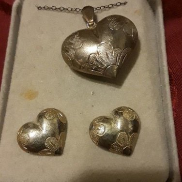 Vintage Sterling Etched and Gold plated puffy heart set Earrings and Necklace