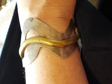 Vintage brass and sterling swoosh Cuff Bracelet