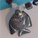 Real BLACK HEMATITE Pendant Necklace FISH BLUE QUARTZ