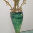 13" Vintage Heavy Green Vase w Gold Tone Brass Handles
