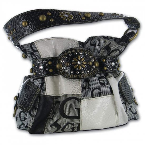 Black Jacquard Patchwork Purse with Croco Trim