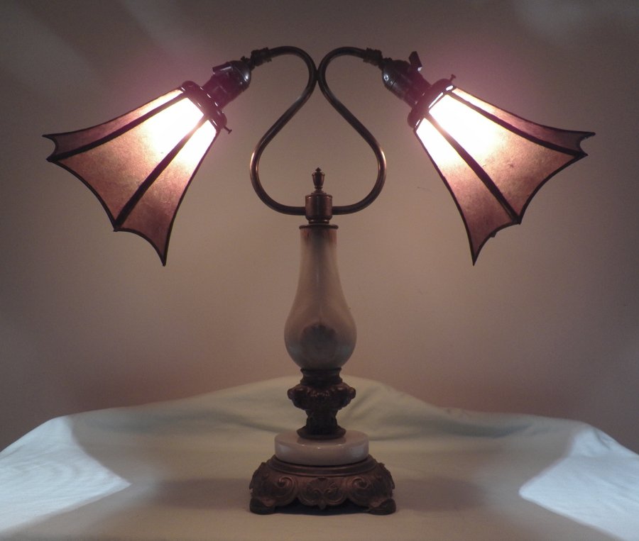 Antique Double Gooseneck Onyx Lamp with Mica Shades by NYM Arts