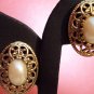 VINTAGE Oval Faux Pearl Cabachon PIERCED Goldtone EARRINGS Costume Jewelry 01ear