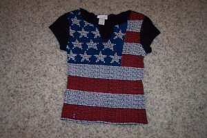 Vintage VIA 101 Cap Sleeve Black Patriotic Flag Top Size M Womans Shirt wt-11 locationw1
