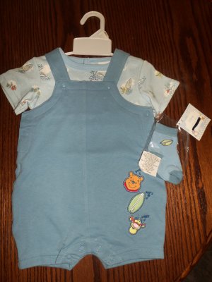 DISNEY INFANT Boy's Tropical Winnie The Pooh 3pc OUTFIT SET Onesie Shortall 6 - 9 Months locationw8