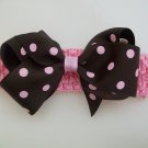 Pink & Brown Polka Dot Big Hair Bow - 4.5" Wide with Matching Stretchy Heaband