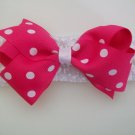 Hot Pink & White Polka Dot Big Hair Bow - 4.5" Wide with Matching Stretchy Heaband