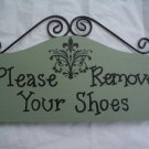Please Remove Your Shoes Sign - Home or Business in Sage Green Damask