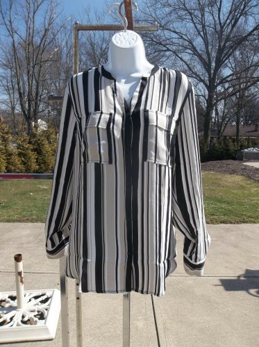 NWT JONES NEW YORK BEIGE&BLACK STRIPED BLOUSE  L
