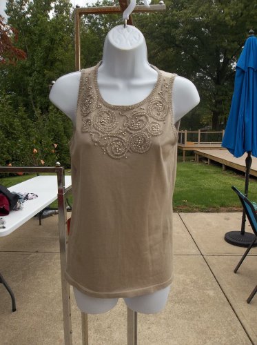 NWOT ANN TAYLOR DK BEIGE BEADED SWEATER TANL S