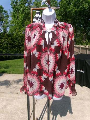 NWOT LOFT BROWN QUILT PATCHWORK PRINT BLOUSE L