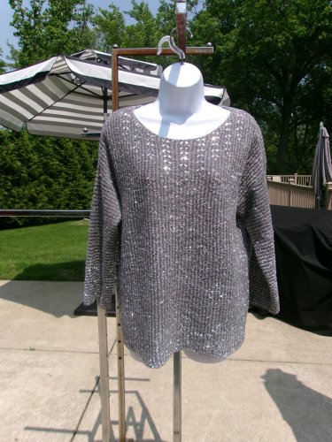 NWOT RUBY RD SILVER METALIC BEADED SWEATER L