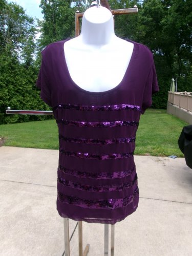 CALVIN KLEIN PURPLE SEQUIN MIXED MEDIA TOP L