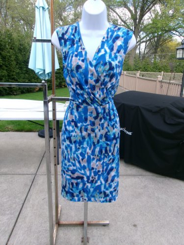 ANN TAYLOR BLUE& BEIGE PRINT KNIT DRESS S