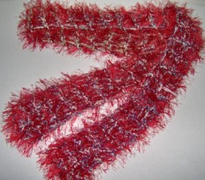 HAND KNITTED HOT RED EYELASH W/ LAVENDER & GRAY BLUE