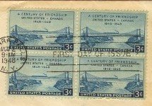 Century of Friendship 3 cent Stamp Block of 4 Canada United States FDI SC 961 First Day Issue