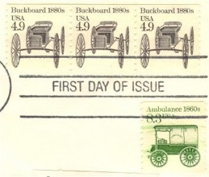 Buckboard Coil Stamp 4.9 cent FDI SC 2124 First Day Issue Strip of 3 Transportation Issue