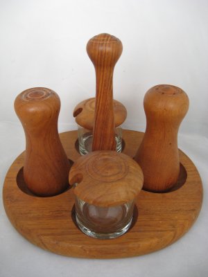 Jens Quistgaard Dansk Teak 5 pc Condiment Caddy -  Set Tray Jars Salt & Pepper Shakers