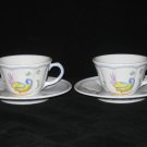 Set 2 Longchamp PEROUGES French Faience Bird Cups & Saucers