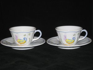 Set 2 Longchamp PEROUGES French Faience Bird Cups & Saucers