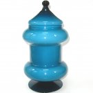 Empoli Cased Turquoise Blue Glass Hooped Apothecary Jar w/ Circus Tent Lid-MCM Italian Space Age
