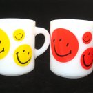2 Smiley Happy Face White Milk Glass Mugs Vintage Glasbake ?  Red & Yellow