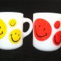 2 Smiley Happy Face White Milk Glass Mugs Vintage Glasbake ?  Red & Yellow