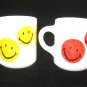 2 Smiley Happy Face White Milk Glass Mugs Vintage Glasbake ?  Red & Yellow
