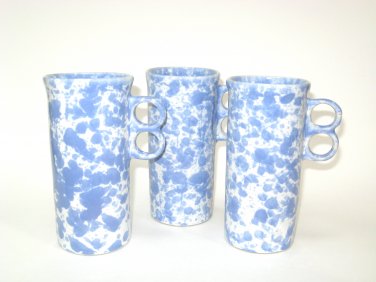 Bennington Potters David Gil Set 3 Tall Double Trigger Handle Mugs 1371 Morning Glory Blue