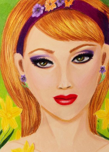 Springtime Dreaming Amongst The Daffodils 6x8 Colored Pencil Original Painting Drawing Fashion
