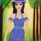 Springtime Stroll Through The Forest 9x12 Colored Pencil Original Fashion Illustration Portrait Art