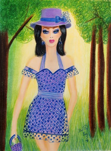 Springtime Stroll Through The Forest 9x12 Colored Pencil Original Fashion Illustration Portrait Art