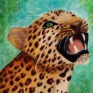 Kitty’s Got Fangs 7x10 Mixed Media Original Painting Wildlife Leopard Animal Art