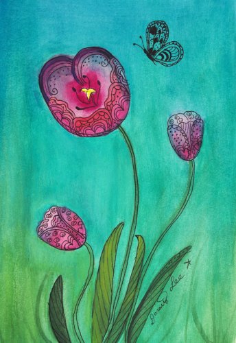 Lacey Tulips 7x10 Mixed Media Original Painting Drawing Flower Floral Stylized Art Butterfly