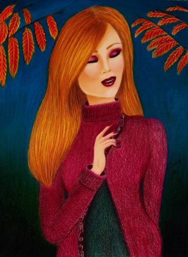Dreaming On A Crisp Autumn Day 9x12 Colored Pencil Original Painting Drawing Fashion Illustration