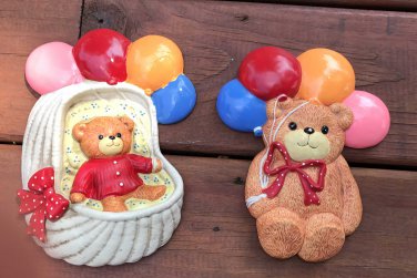 Set of 2 Enesco Bear Enesco Lucy and Me Teddy Bear 1982 Wall Hanging Plaster Plaques