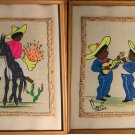 Vintage Original Bueno Mexico Colorful Paintings on Burlap Folk Art Under Glass - 1970's