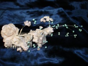 $9.99Bridal Wedding Veil Prom Pageant blue Pearl&white Satin roses Head Piece tiara,Crown Headband
