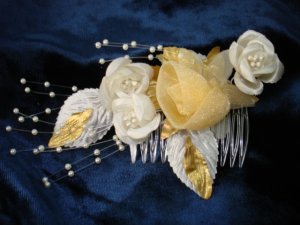 Bridal Wedding Veil Prom Pageant Pearl,gold&white Satin flowers Head Piece tiara,Crown Headband