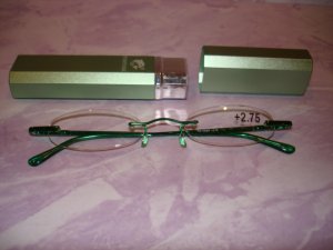 $9.99 New- Slim Reading green color frame Glasses +2.75  in Sturdy  metalic green Case