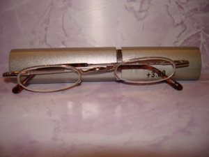 $9.99 New-Slim Reading Glasses +3.00 silver frame no lower rim in Sturdy  metalic Case