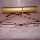 $9.99 New- Slim Reading Glasses silver frame no lower rim +3.00  in Sturdy Golden Case