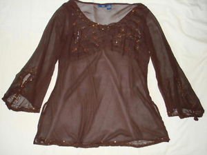 Evening,Plus 2X,Sequins Pink,Dark Brown,Top,Blouse
